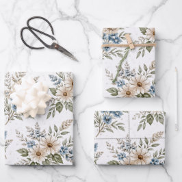 Floral Blue Ivory Meadow Pattern ラッピングペーパーシート