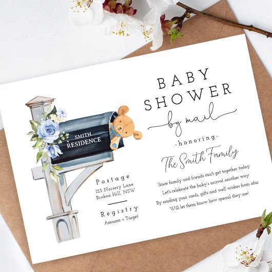 Floral Blue Long Distance Baby Shower 招待状