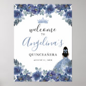 Floral Blue Quinceanera Welcome Sign ポスター (正面)