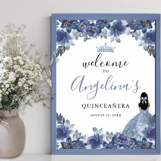Floral Blue Quinceanera Welcome Sign ポスター