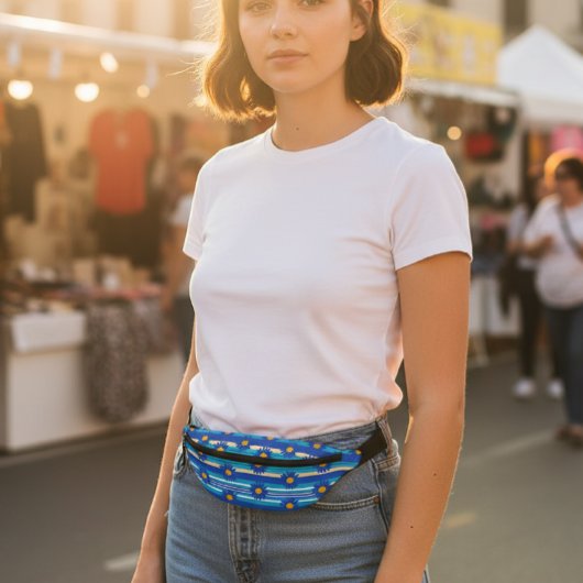 Floral Blue Stripe Fanny Pack , Print Cut Sew Bag ファニーパック