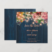 Floral Blue Wood String Lights Save The Date 招待状 (正面/裏面)