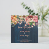 Floral Blue Wood String Lights Save The Date 招待状 (スタンド正面)