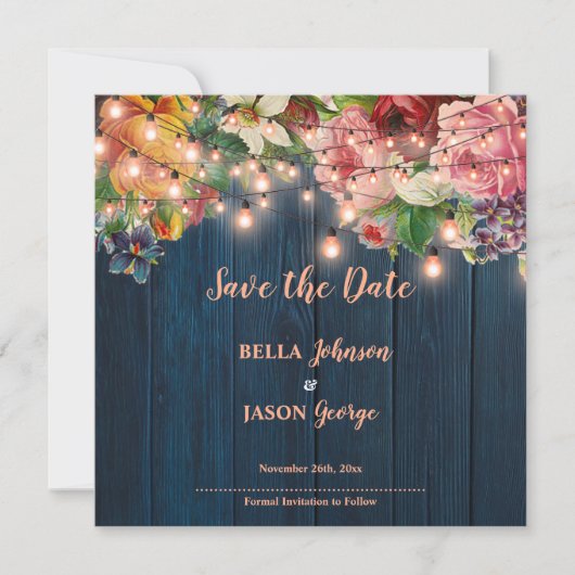 Floral Blue Wood String Lights Save The Date 招待状 (正面)