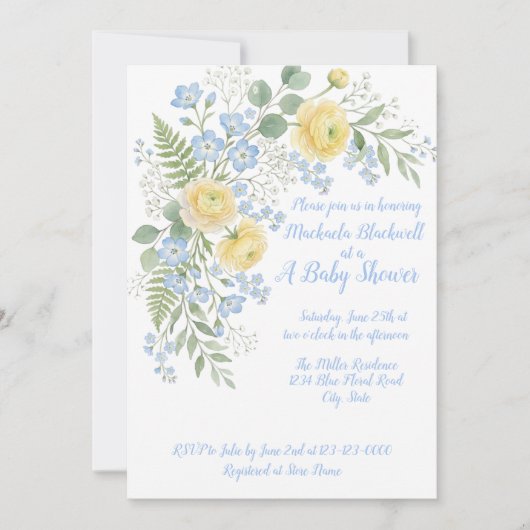 Floral Blue Yellow Baby Shower Invitation 招待状 (正面)