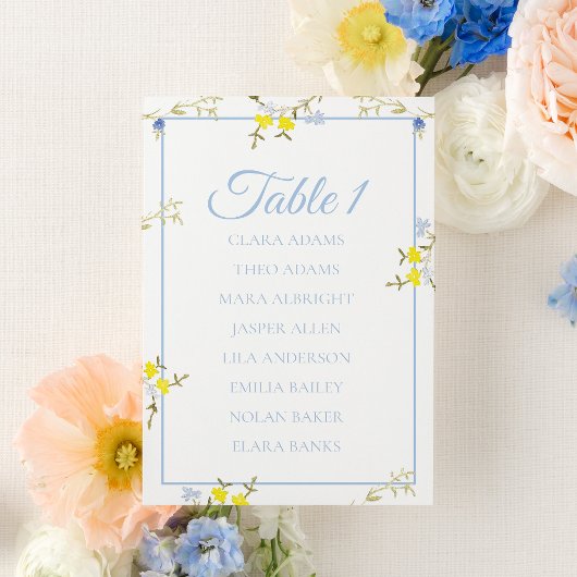 Floral Blue & Yellow Wedding Seating Chart Card テーブルナンバー