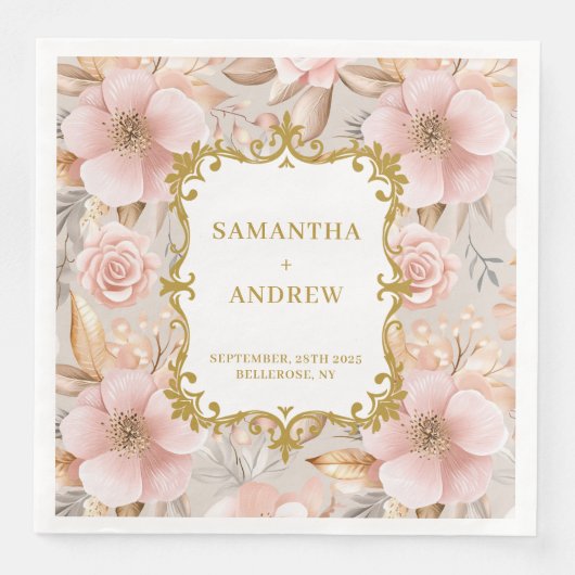 Floral Blush Gold Wedding Paper Napkins (正面)