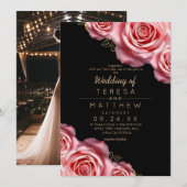 Floral Blush Pink and Black Modern Wedding 招待状 (正面/裏面)