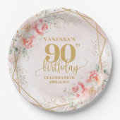 Floral Blush Pink Gold Frame Custom 90th Birthday  ペーパープレート (正面)