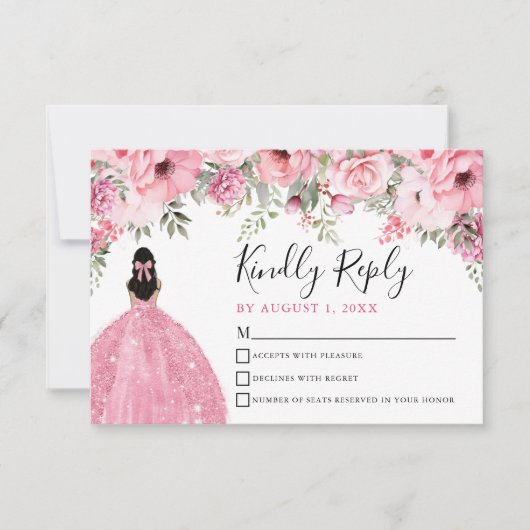 Floral Blush Pink Quinceanera RSVP Card (正面)