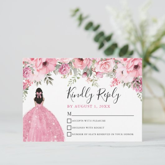 Floral Blush Pink Quinceanera RSVP Card (スタンド正面)