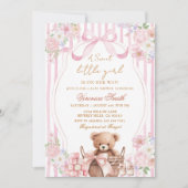 Floral Blush Stripe Pink Bow Bear Baby Shower  招待状 (正面)