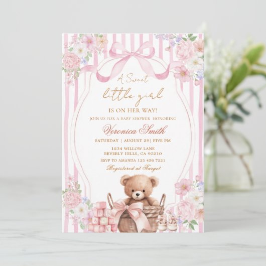 Floral Blush Stripe Pink Bow Bear Baby Shower  招待状 (スタンド正面)