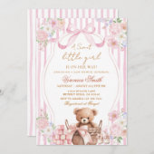 Floral Blush Stripe Pink Bow Bear Baby Shower  招待状 (正面/裏面)