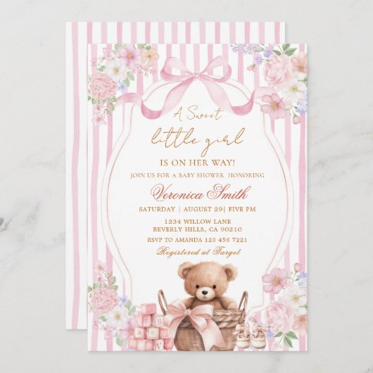 Floral Blush Stripe Pink Bow Bear Baby Shower  招待状 (正面/裏面)