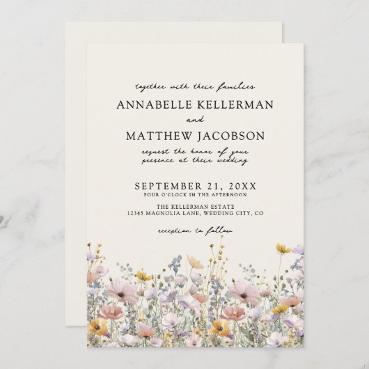 Floral Boho Beige Wildflower Wedding 招待状 (正面/裏面)