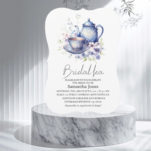 Floral Boho Blue Tea Pot Party Bridal Shower  招待状