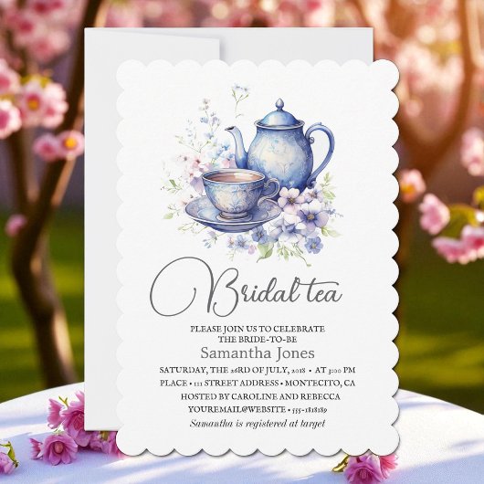 Floral Boho Blue Tea Pot Party Bridal Shower  招待状