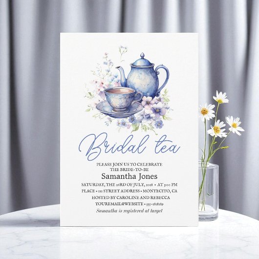 Floral Boho Blue Tea Pot Party Bridal Shower 招待状