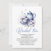 Floral Boho Blue Tea Pot Party Bridal Shower 招待状 (正面)