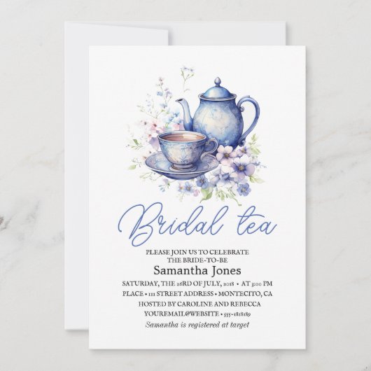 Floral Boho Blue Tea Pot Party Bridal Shower 招待状 (正面)