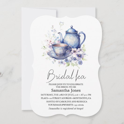 Floral Boho Blue Tea Pot Party Bridal Shower 招待状 (正面)