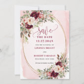 Floral Boho Burgundy Blush Gold Roses Save Date 招待状 (正面)