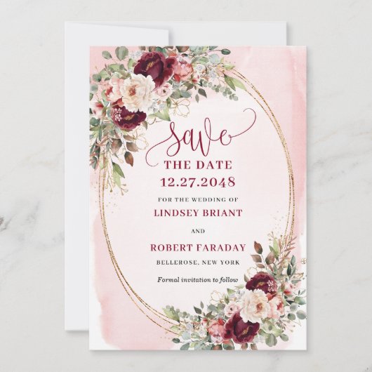 Floral Boho Burgundy Blush Gold Roses Save Date 招待状 (正面)