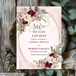 Floral Boho Burgundy Blush Gold Roses Save Date 招待状