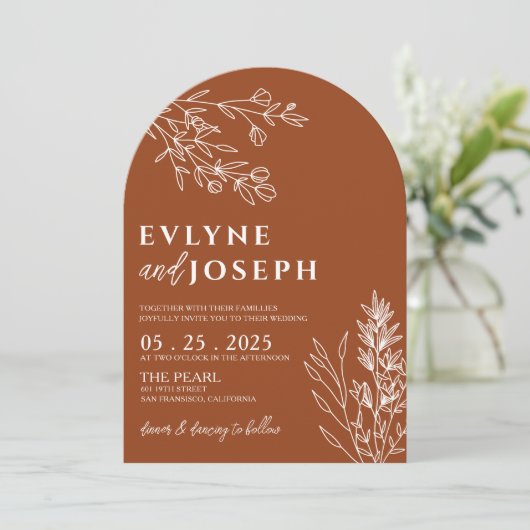 Floral Boho Burnt Orange Terracotta Arched Wedding 招待状 (スタンド正面)