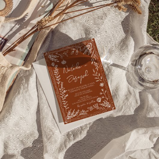 Floral Boho Burnt Orange Terracotta Herbal Wedding 招待状