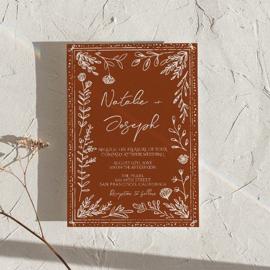 Floral Boho Burnt Orange Terracotta Herbal Wedding 招待状