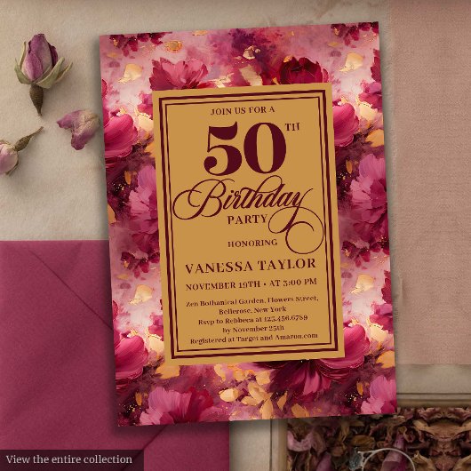 Floral boho maroon blush gold roses 50th birthday 招待状