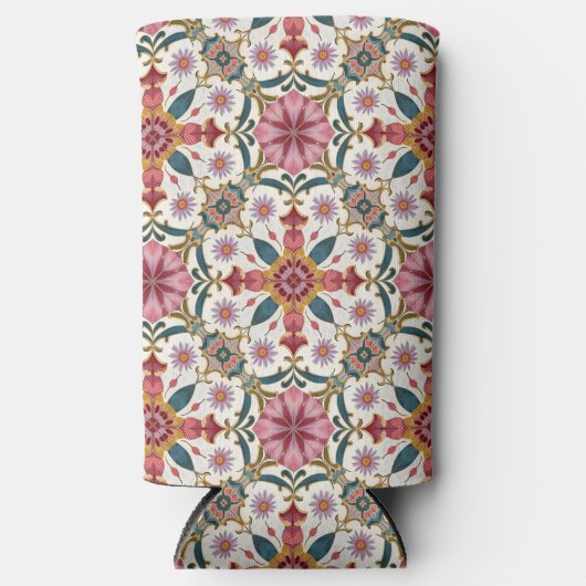 Floral Boho Pattern in Red, Pink & Teal スリム缶クーラー (正面)