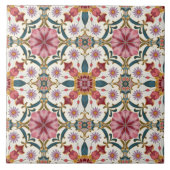 Floral Boho Pattern in Red, Pink & Teal タイル (正面)