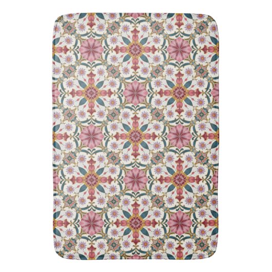 Floral Boho Pattern in Red, Pink & Teal バスマット (正面縦)
