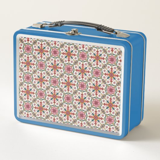 Floral Boho Pattern in Red, Pink & Teal メタルランチボックス (正面)