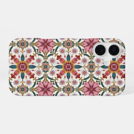 Floral Boho Pattern in Red, Pink & Teal iPhone 16ケース (裏面横)