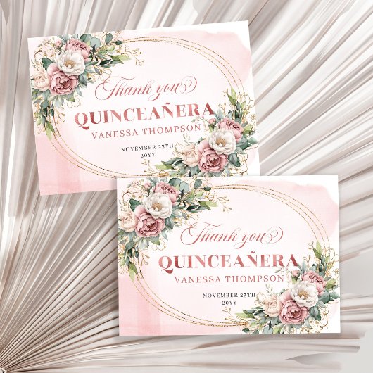 Floral Boho Quinceañera Thank You Card Dusty Pink  サンキューカード
