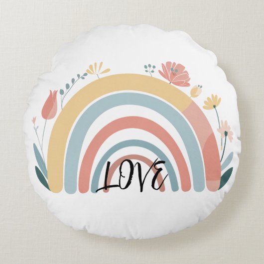 Floral Boho Rainbow Round Throw Pillow ラウンドクッション (正面)