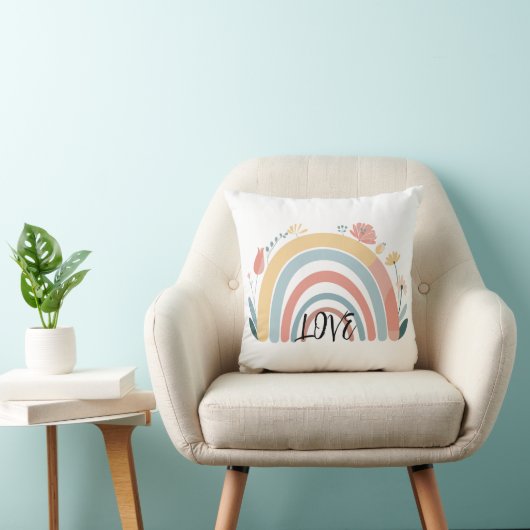 Floral Boho Rainbow Square Throw Pillow クッション (椅子)