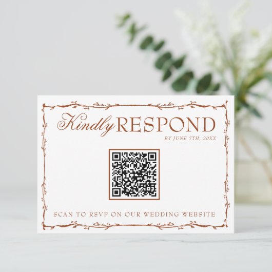 Floral Boho Rust Terracotta Earthy QR Code Wedding 出欠カード (スタンド正面)