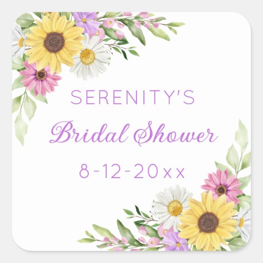 Floral Boho Sunflower Daisy Bridal Shower スクエアシール (正面)