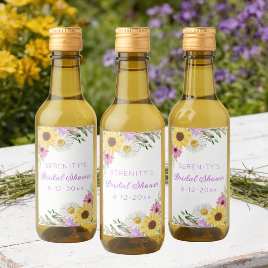 Floral Boho Sunflower Daisy Bridal Shower ワインラベル