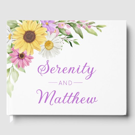 Floral Boho Sunflower Daisy Wildflowers Wedding ゲストブック (正面)