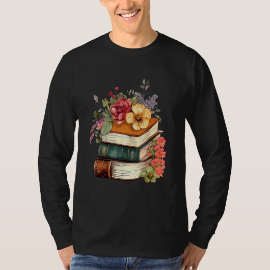 Floral Book Stack Reading Book  Old Books Flowers Tシャツ (正面)