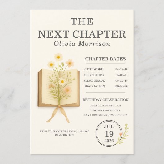 Floral Books Next Chapter Begins Birthday Party 招待状 (正面)