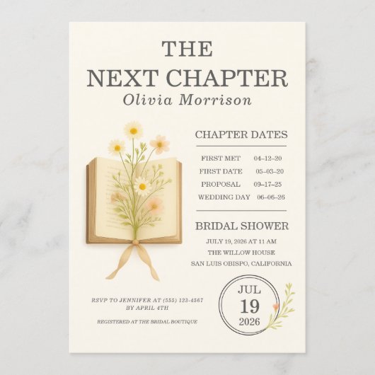 Floral Books Next Chapter Begins Bridal Shower 招待状 (正面)
