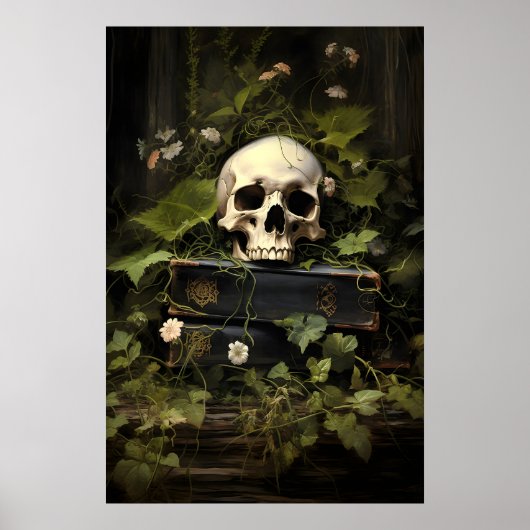 Floral Books Skull Portrait Print, Dark Academia ポスター (正面)