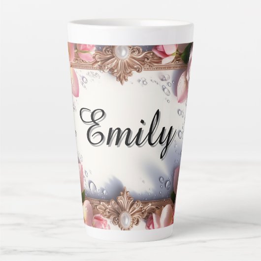 Floral Border With Custom Name カフェラテマグ (正面)